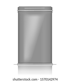 Rectangular tin box, realistic vector mockup. Square metal jar with lid, mock-up. Aluminum kitchen container, template.