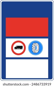 Rectangular traffic signal in blue and white, isolated on white background. Passability in mountain pass