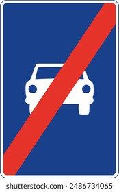 Rectangular traffic signal in blue and white, isolated on white background. Road for cars end sign