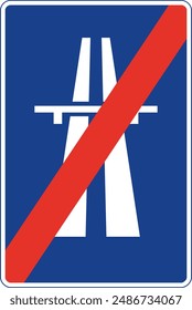 Rectangular traffic signal in blue and white, isolated on white background. Motorway end sign