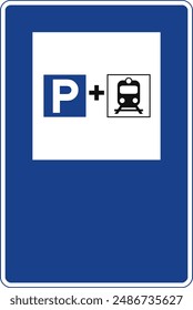 Señal de tráfico rectangular en azul y blanco, aislado sobre fondo blanco. Estacionamiento de usuarios de ferrocarril