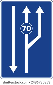 Rectangular traffic signal in blue and white, isolated on white background. Lanes reserved for traffic based on indicated speed