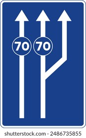 Rectangular traffic signal in blue and white, isolated on white background. Lanes reserved for traffic based on indicated speed