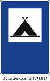 Rectangular traffic signal in blue and white, isolated on white background. Camping area