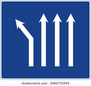 Rectangular traffic signal in blue and white, isolated on white background. Fork to the left on a four-lane road
