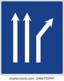 Rectangular traffic signal in blue and white, isolated on white background. Fork to the right on a three-lane road