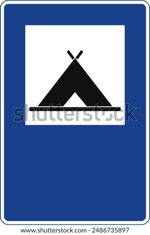 Rectangular traffic signal in blue and white, isolated on white background. Camping area