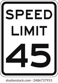 Rectangular traffic signal with white background and text in black, isolated on white background. Speed limit to forty five