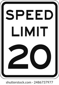 Rectangular traffic signal with white background and text in black, isolated on white background. Speed limit to twenty