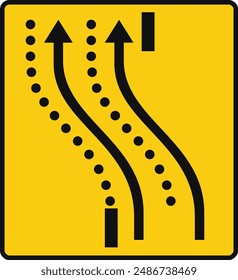 Rectangular traffic signal in yellow and black, isolated on white background. Temporary detour of two lanes on the opposite road