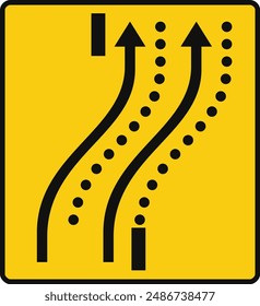 Rectangular traffic signal in yellow and black, isolated on white background. Temporary detour of two lanes on the opposite road