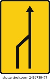 Rectangular traffic signal in yellow and black, isolated on white background. Temporary end of left lane for traffic
