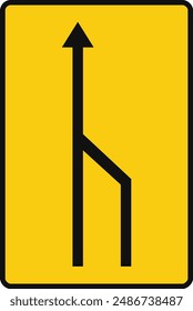 Señal de tráfico rectangular en amarillo y negro, aislado sobre fondo blanco. Final temporal del carril derecho para el tráfico