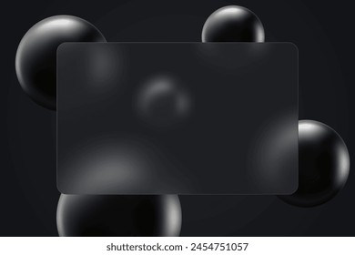 Anuncio transparente rectangular en estilo de morfismo de vidrio. Efecto realista del morfismo del vidrio en un fondo oscuro con esferas negras.