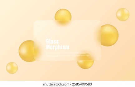 Rectangular transparent frame with golden spheres, glass overlay effect on gradient spheres. Abstract background in glass morphism style.