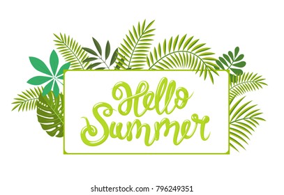 Rectangular tropical frame, template with place for text. Heelo Summer lettering. Vector illustration, isolated on white background.