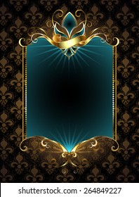 Rectangular turquoise banner decorated with Fleur de Lis with gold pattern on dark background.