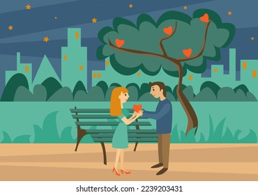 Rectangular Valentines day greeting card with couple in love dating in night city park vector
