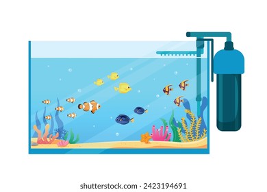 Rectangular vector aquarium with external filter External filter for aquarium fish. Vector illustration.