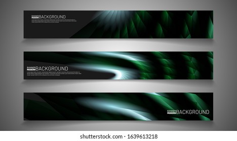 rectangular vector banner design with a green color motion on a black background.
