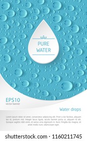 A rectangular vector banner with transparent realistic drops in the blue background. Design elements for postcard, banner, poster. Advertising of clean water and goods associated with clean water.