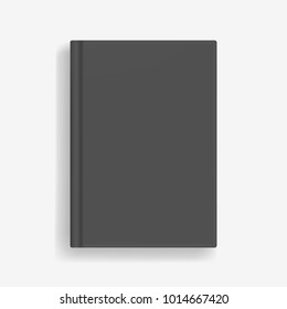 Rectangular vector blank black realistic book mockup, closed organizer or notebook cover template with sheet of A4. Front view of elegant notepad or photobook with binding mock up for catalog, menu