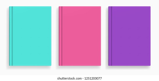 Rectangular Vector Blank Colored Realistic Book Cover Mockups Set, Closed Organizer Or Notebook Cover Template With Sheet Of A4. Front View Of Emerald, Pink And Violet Notepad With Binding Mock Up