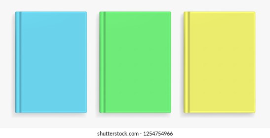 Rectangular vector blank colorful realistic book cover mockups set, closed organizer or notebook cover template with sheet of A4. Front view of blue, green and yellow notepad with binding mock up