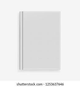 Rectangular vector blank gray realistic book cover mockup, closed organizer or notebook cover template with sheet of A4. Front view of elegant light grey notepad with binding mock up