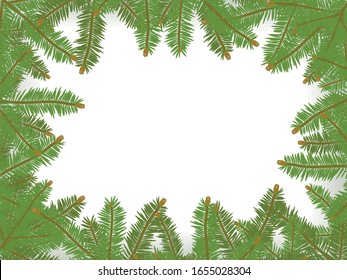 A rectangular vector Christmas card framed by green spruce branches in a circle border on a white background.