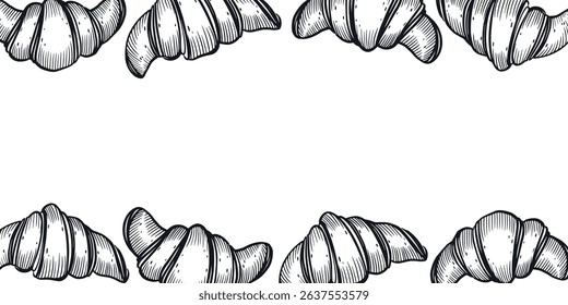 Rectangular vector frame of hand drawn croissants in vector. Vector illustration. Suitable for printing on bakeries, for interior design, food packaging.