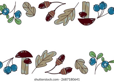 Rectangular vector frame of mushrooms, leaves, blueberries. All objects are hand-drawn in vector. The illustration is suitable for printing on fabric, paper, for product packaging design. Vector