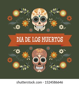 A rectangular vector image of a male and female skulls, flowers and leaves dedicated to the traditional Mexican Day of the Dead. 