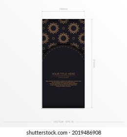 Rectangular Vector Preparing postcards in black with luxurious golden patterns. Template for print design invitation card with vintage ornament.