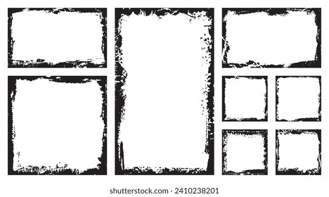 Rectangular vector ragged edge frame set. Grunge ink illustration. Creative old dirty background, template for tags, labels, cards. Hand drawn frame brush strokes collection