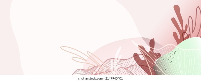 Rectangular vegetal light pink and green background in soothing colors with tropical leaves and abstract spots. Vector illustration for text placement, banners, wallpaper background, sales, discounts