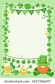 Rectangular vertical frame with clover, St. Patrick's day, leprechaun, horseshoe, beer mug, shamrock, holiday flags, vector illustration