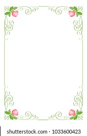 Rectangular vertical frame with pink roses and green leaves with a pattern.