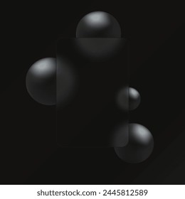 Rechteckiger vertikaler Glaseffekt, realistischer Glasmorphismus-Banner auf einem dunklen Hintergrund mit schwarzen Kugeln.