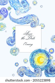 Rectangular vertical greeting card of glowing yellow moon on a starry sky with text blank space. Vector illustration template in the style of impressionist paintings.