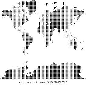 Rectangular vertical shape word map showing pixelated continents and countries in halftone dots. Abstract global atlas background and earth vector design.