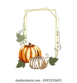 Rectangular vertical thin elegant design. Autumn color palette. Decoration of large white and small orange pumpkins. Leaves, lashes and curls. Vector illustration.