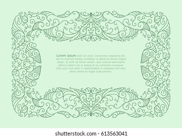 Rectangular vignette with ornament from curls and spirals. Stylized swirling
Leaves and branches of a plant in a greenish palette.