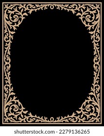 Rectangular vintage floral frame with retro ornament pattern in antique baroque style. Elegance background with text input area in a center. Golden and total black style design. Vector