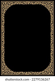 Der rechteckige Vintage-Blumenrahmen mit Retro-Ornament-Muster im antiken Barockstil. Eleganter Hintergrund mit Texteingabebereich in einer Mitte. Goldenes und komplett schwarzes Design. Vektorgrafik
