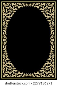 Rectangular vintage floral frame with retro ornament pattern in antique baroque style. Elegance background with text input area in a center. Golden and total black style design. Vector