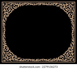 Marco floral vintage rectangular con adornos retro en estilo barroco antiguo. Fondo elegante con área de entrada de texto en un centro. Diseño dorado y totalmente negro. Vector