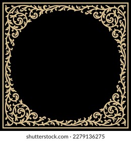 Der rechteckige Vintage-Blumenrahmen mit Retro-Ornament-Muster im antiken Barockstil. Eleganter Hintergrund mit Texteingabebereich in einer Mitte. Goldenes und komplett schwarzes Design. Vektorgrafik
