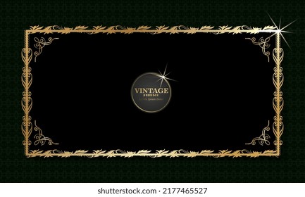 rectangular vintage frame, gold pattern, on black background, vector illustration
