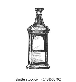 Rectangular Vintage Whisky Booze Bottle Vector. Design Sketch Bottle Of Collection Alcoholic Irish Drink. Template Monochrome Retro Glass Container With Blank Label and Style Cap Cartoon Illustration